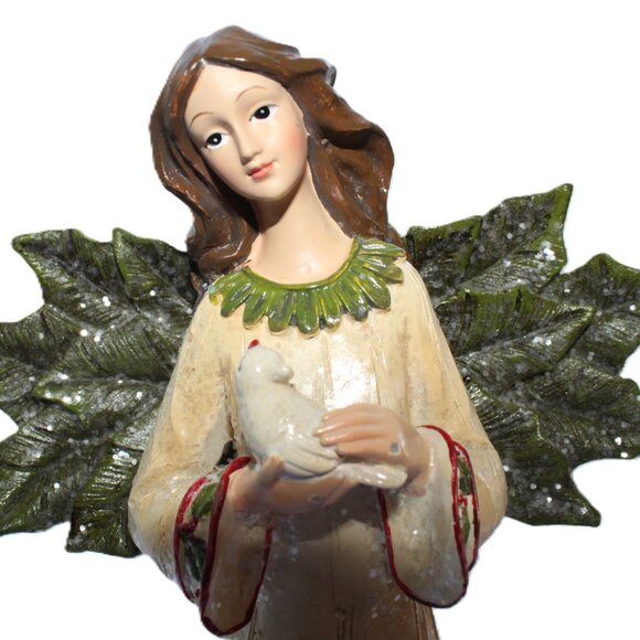 Pair Of Resin Holly Winged Christmas Angel Statues 12" Tall - Picture 5 of 16